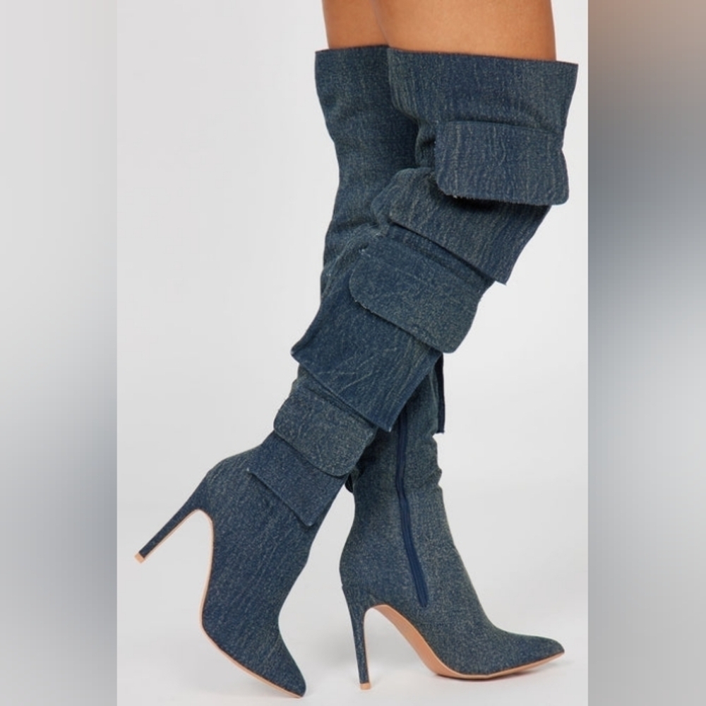 True denim  "Cascading Denim" Elegant Denim Over the Knee Boots (NEW)